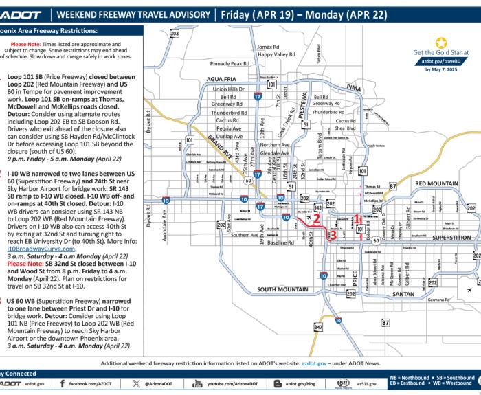 ADOT's Weekend Freeway Travel Advisory (April 19-22B, 2024) - Phoenix Area