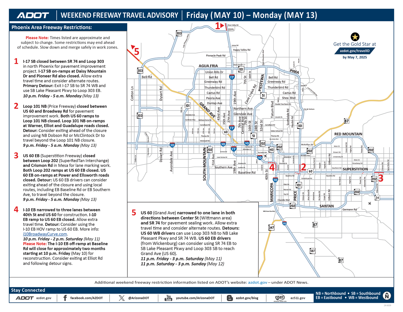 ADOT's Weekend Freeway Travel Advisory Map (May 10-13, '24) Phoenix Metro