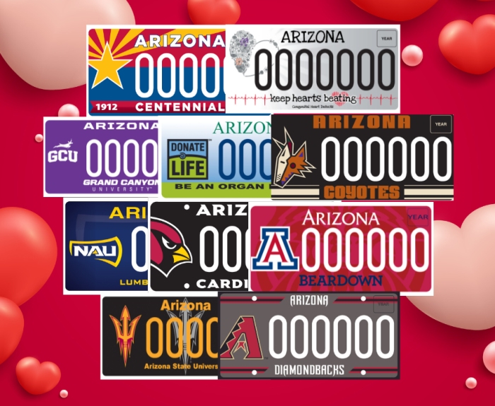 Ten specialty license plates in front of a background filled with red and pink hearts