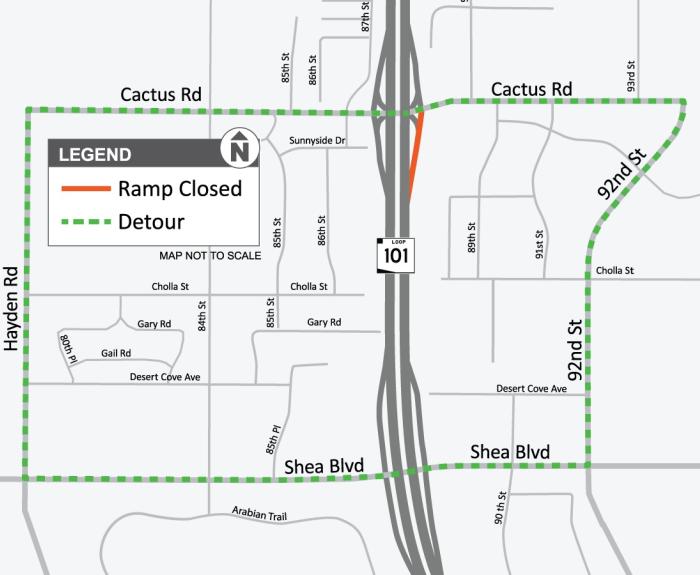 Map of NB Loop 101 off-ramp closure at Cactus Road (ADOT April 2024)