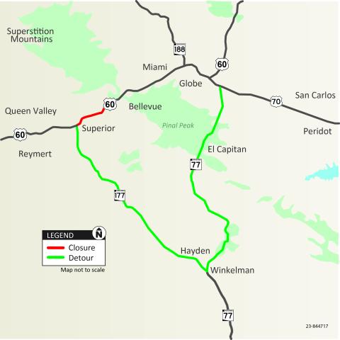 Roadway map of US 60 detour between Superior and Miami using SR 177 through Winkelman to SR 77