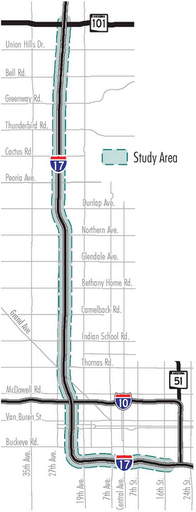 Map of 1-17 in Phoenix with study area highlighted Map of 1-17 in Phoenix with study area highlighted