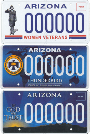 New license plates: Women Veterans, Thunderbird School of Global Management and In God We Trust