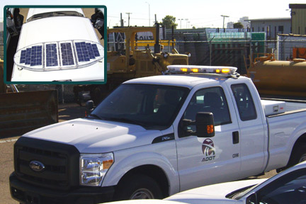 ADOT emergency vehicle with solar powered light bar and solar panel (inset)