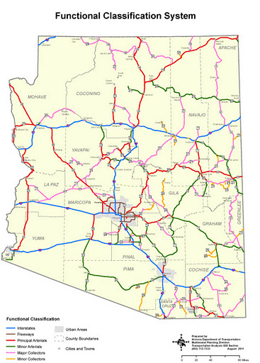 Arizona State showing major roads by function (Interstates, Freeways, Principal and Minor Arterial, Major and Minor Collectors). Arizona State showing major roads by function (Interstates, Freeways, Principal and Minor Arterial, Major and Minor Collectors).