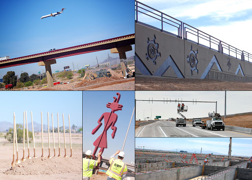 Photo collage: 747 airplane flies parallel to freeway overpass, rustication on a new sound wall, shovels sticking up from a mound of dirt for a ground breaking, works in cherry picker installing overhead signs, concrete and rebar support walls.