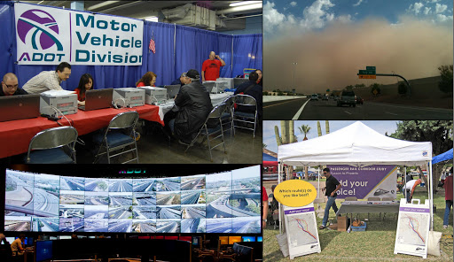 Photo Collage: MVD Stand Down for Veterans, Dust Storm, Traffic Operations Center wall of screens, public information booth.