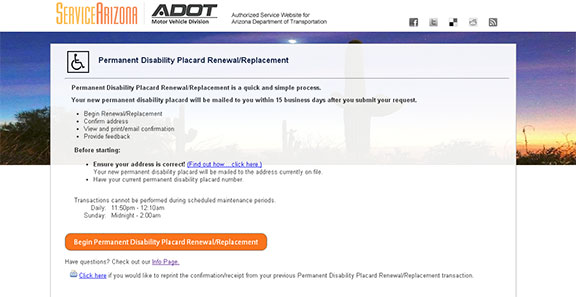 Screenshot of the ServiceArizona permanent disability placard page Screenshot of the ServiceArizona permanent disability placard page