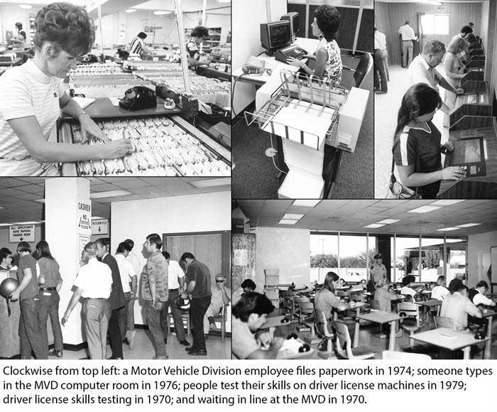 Four part MVD Archive photo: Employees filing, working in the computer room, customers on line and taking tests.