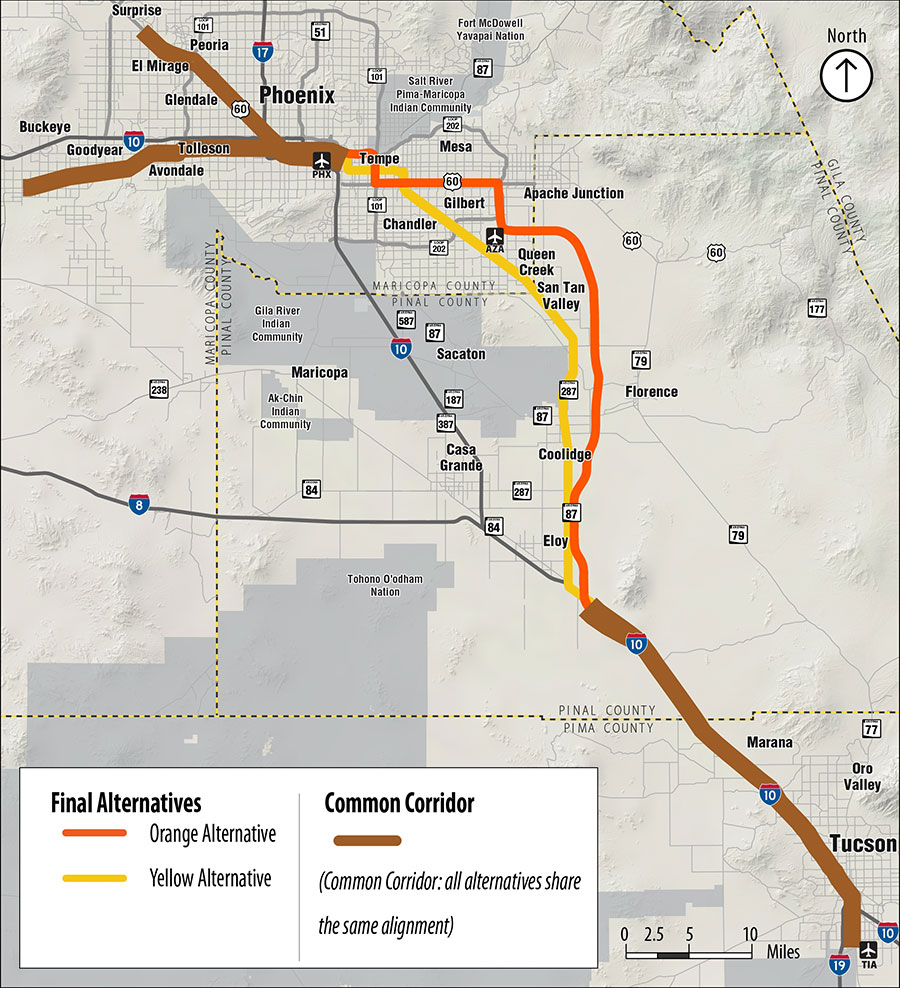 Passenger Rail Corridor Study map with final two alternatives