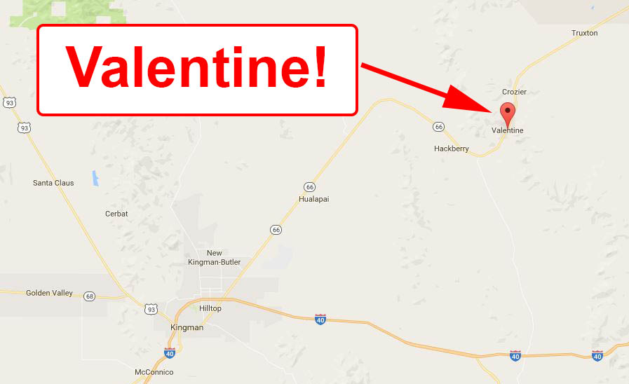 Map with arrow pointing to pin in Valentine, Arizona