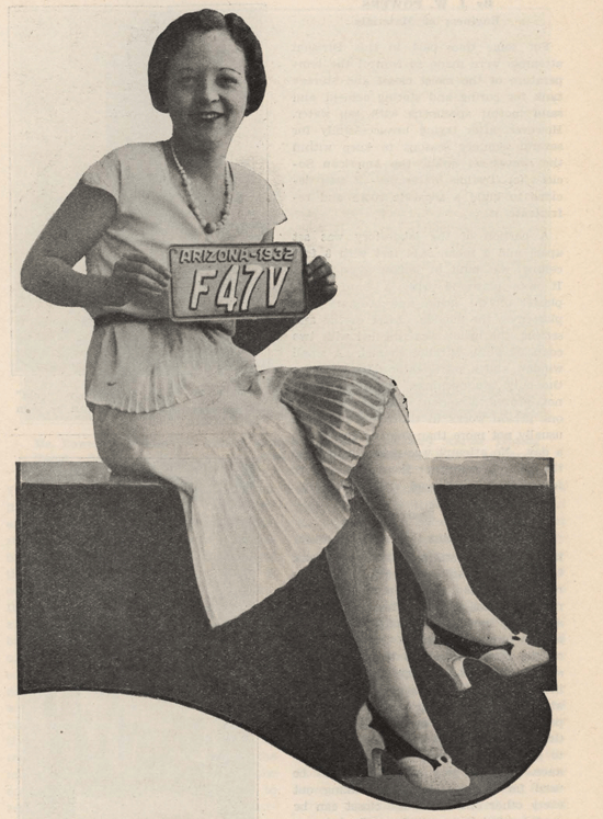 Woman models Arizona license plate, circa 1931