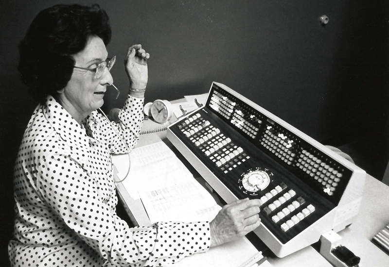 Florence Daniels as she operates one of the new automatic-dial switchboards.