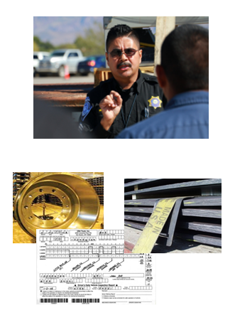 Training Officer discussing issues with commercial trucker, truck rim and grill Training Officer discussing issues with commercial trucker, truck rim and grill