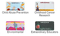 Examples of specialty license plates - Child Abuse Prevention, Childhood Cancer Research, Environmental, and Extroidinary Educators