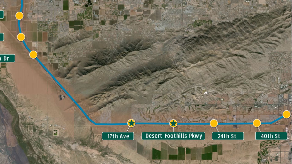 Map showing half diverging diamond interchange locations at 17th Avenue and Desert Foothills Parkway