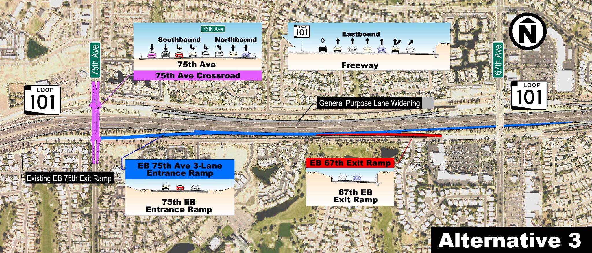 A map showing design elements of Alternative 3.