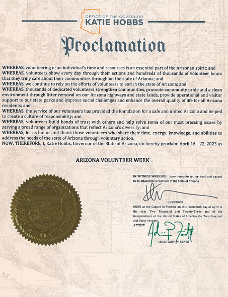 A proclamation designating April 16-22 as Arizona Volunteer Week. Signed by Governor Katie Hobbs.