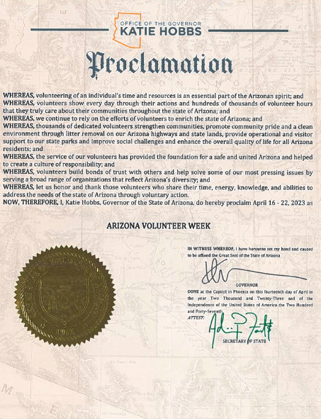 A proclamation designating April 16-22 as Arizona Volunteer Week.</body></html>