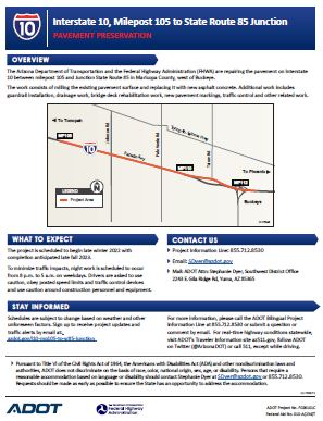 Interstate 10, Milepost 105 to State Route 85 Junction Pavement Preservation Fact Sheet Thumbnail