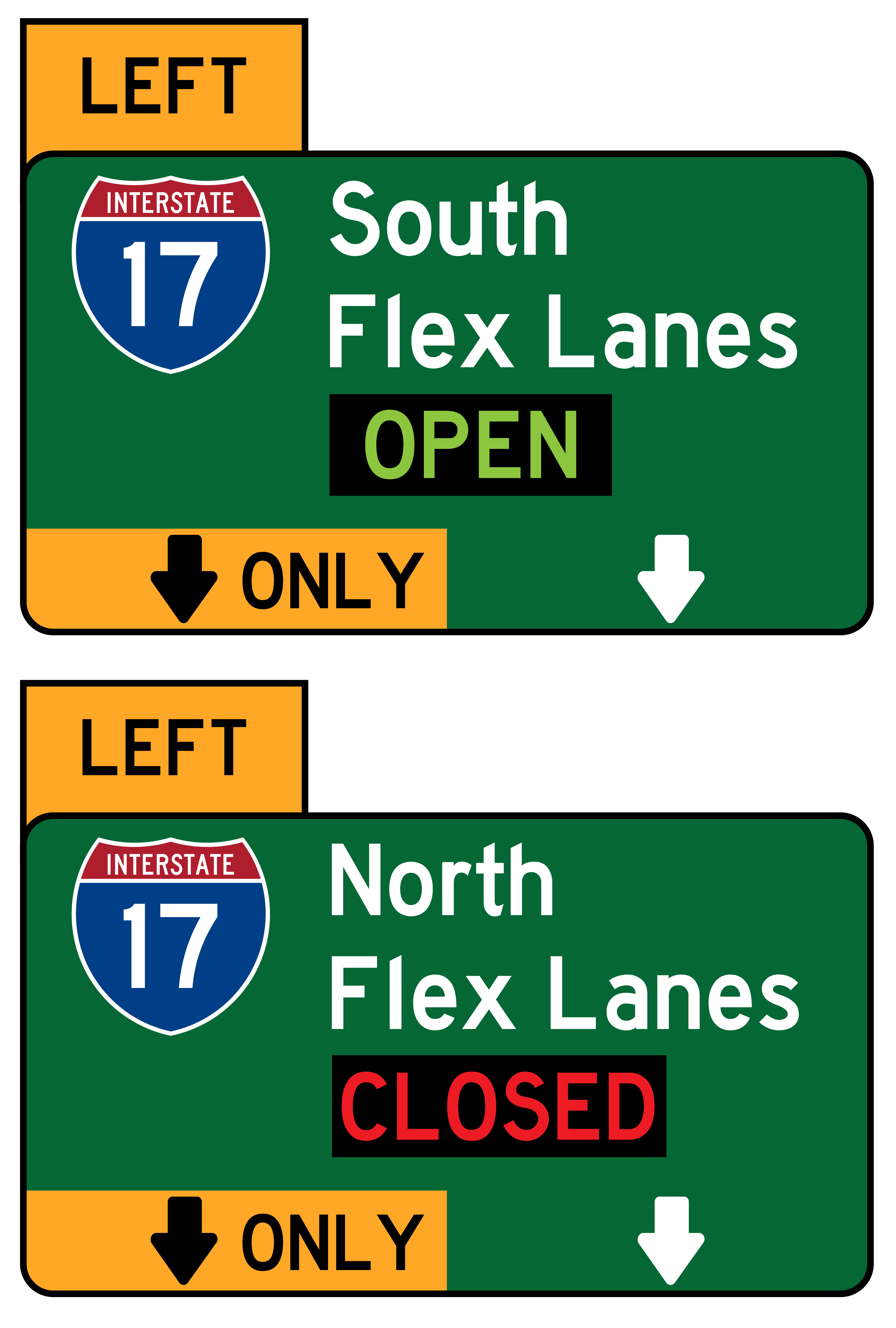 Renderings of highway signs for flex lanes on Interstate 17.