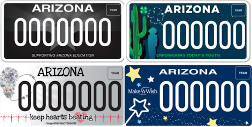 Specialty license plates for Supporting Arizona Education, Empowering Today’s Youth, Keep Hearts Beating and Make-A-Wish.