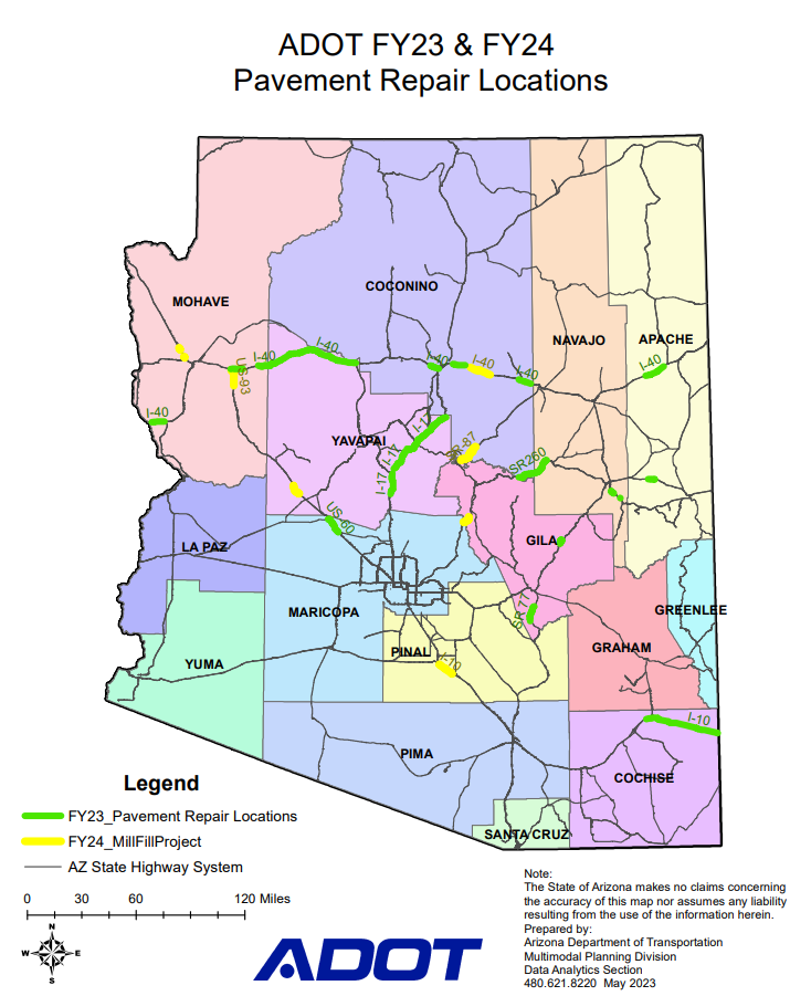 A map of Arizona containing locations where ADOT will perform pavement repairs.