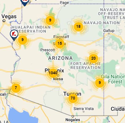 A screenshot of a map of Arizona on the az511.gov website, showing event and incident icons.