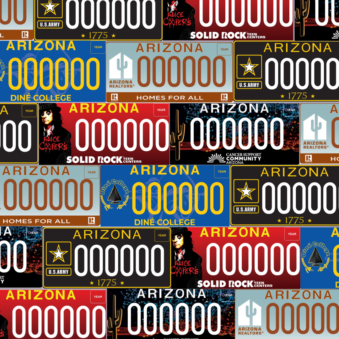 A collage of the images of many Arizona specialty license plates.