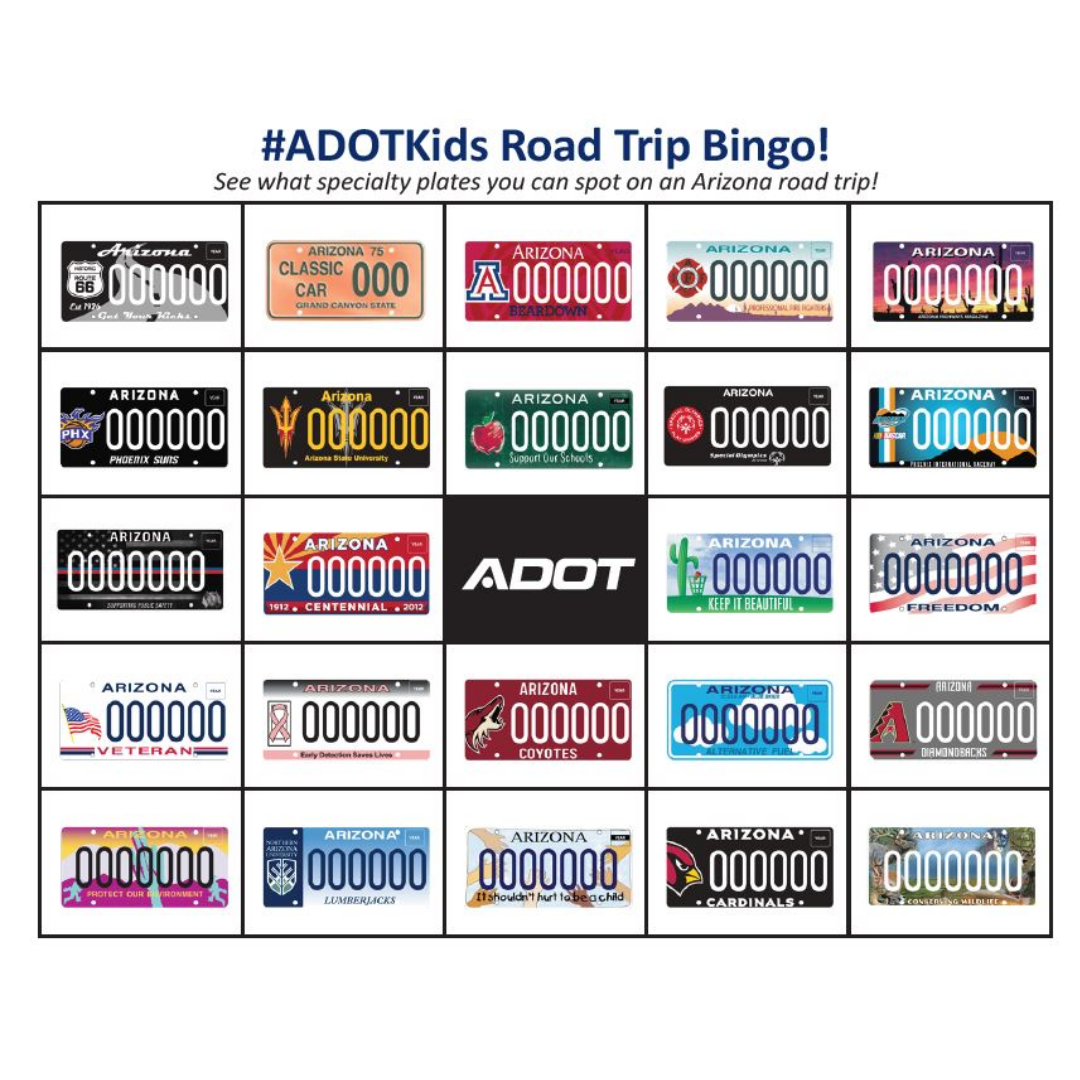 A bingo card with various Arizona specialty license plates.