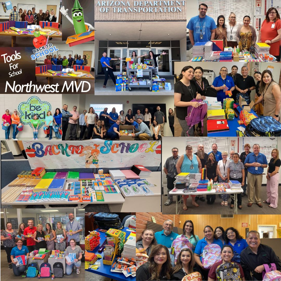 A photo collage showing people gathered around school supplies that will be donated to students.