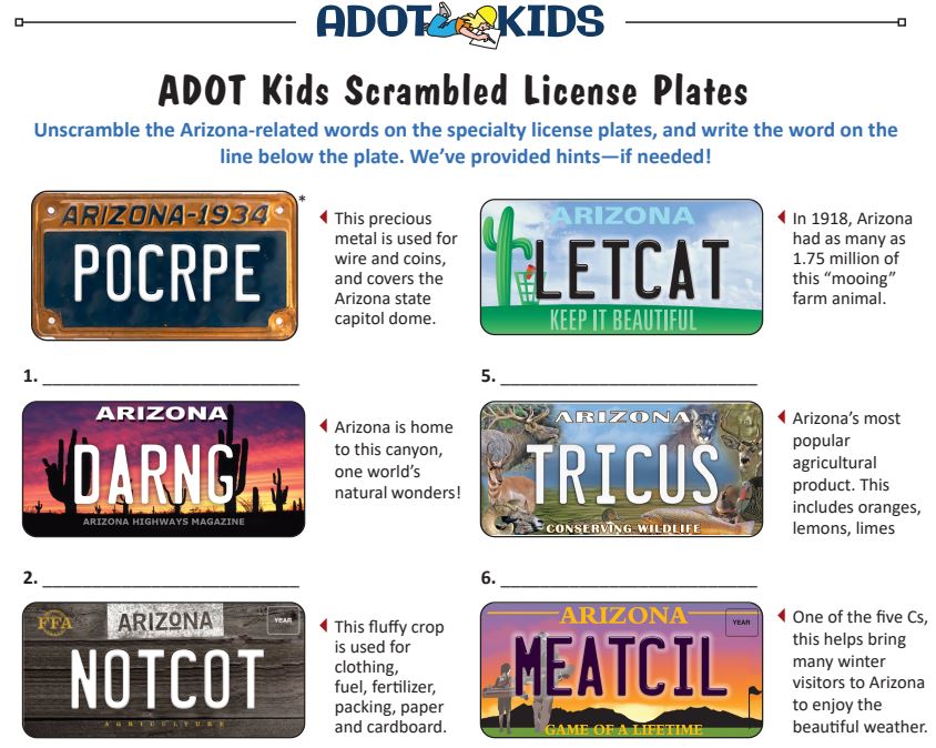 A graphic with a word scramble on license plates.