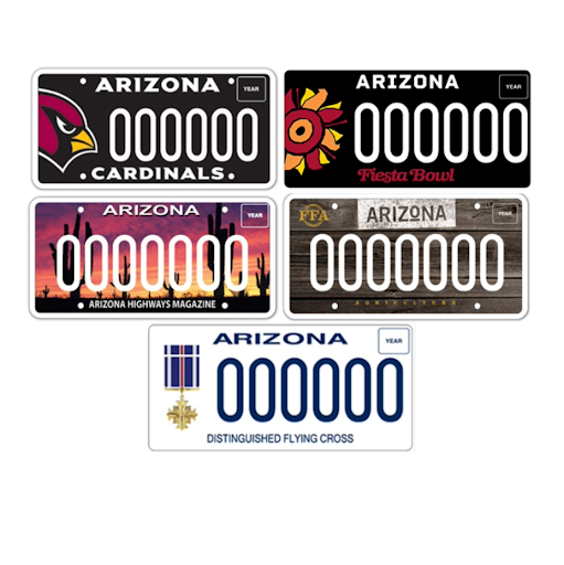 Five license plates displayed on a white background.