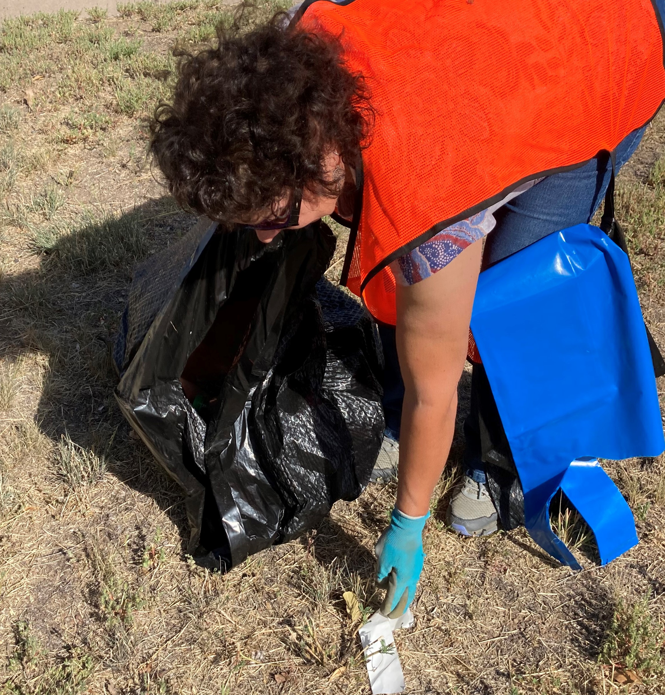 A woman removes litter from near a highway.