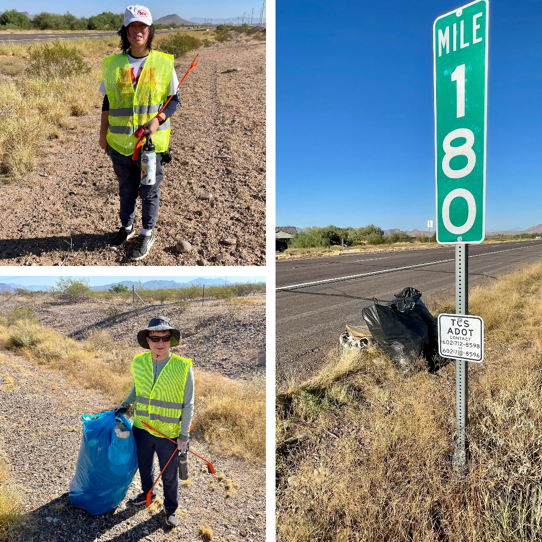 A collage of three photos. One shows a woman picking up litter along a highway, another shows a man picking up litter along a highway, and the third shows a highway milepost sign with a bag of collected litter nearby.
