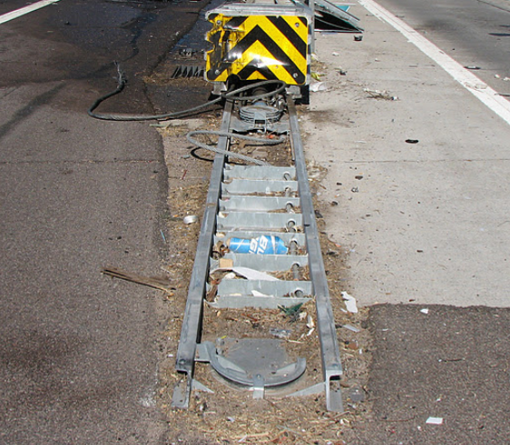 A traffic attenuator after a crash.
