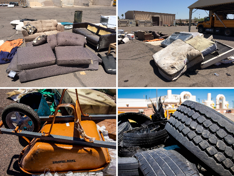 Abandoned couches, mattresses, wheelbarrows and tires in a collage