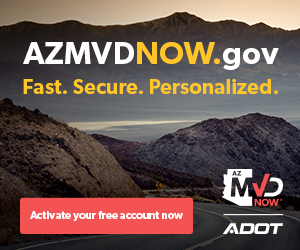 A graphic with information about the Arizona Motor Vehicle Division website azmvdnow.gov.