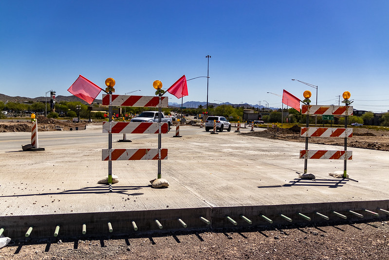 Traffic barriers are in place on a highway