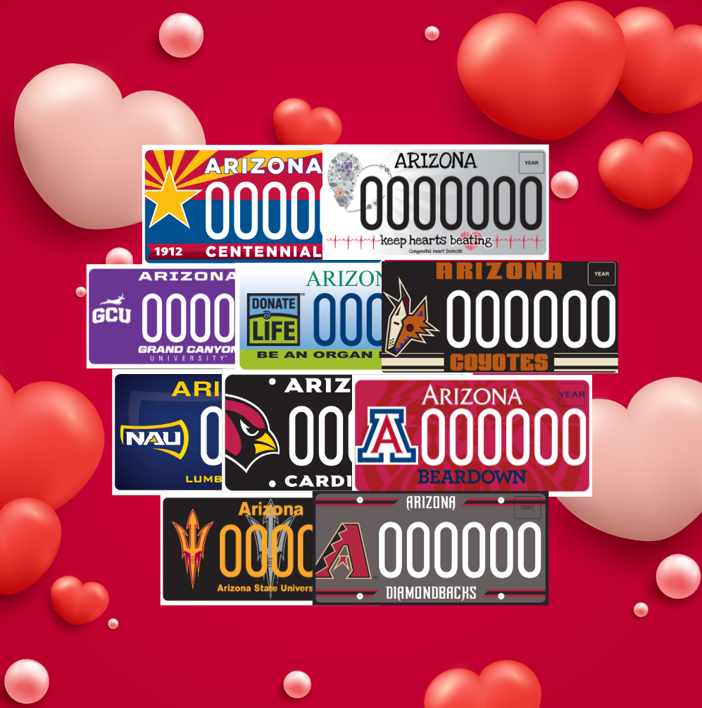Ten specialty license plates in front of a background filled with red and pink hearts