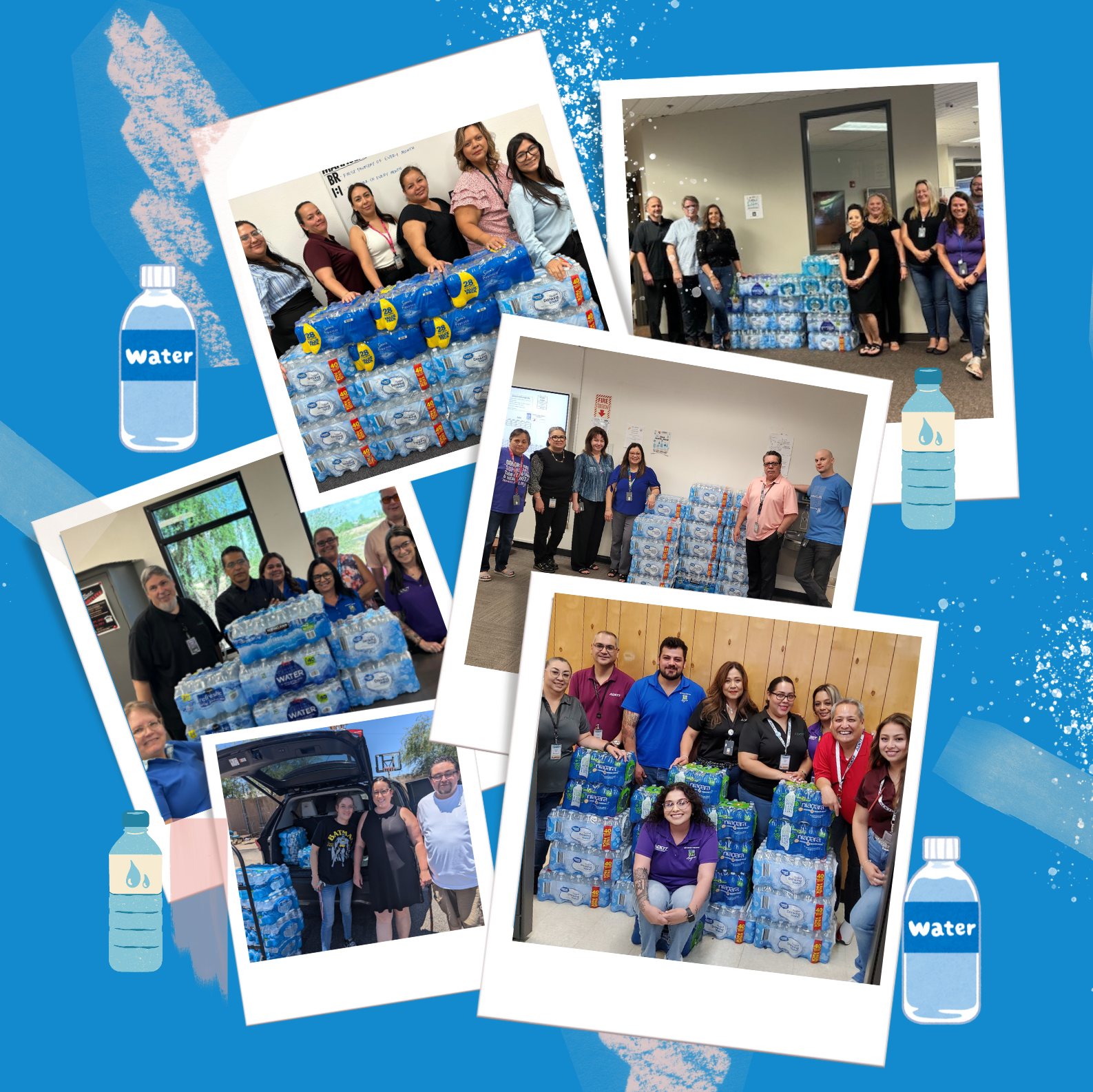 A collage of photos featuring people collecting water bottles.