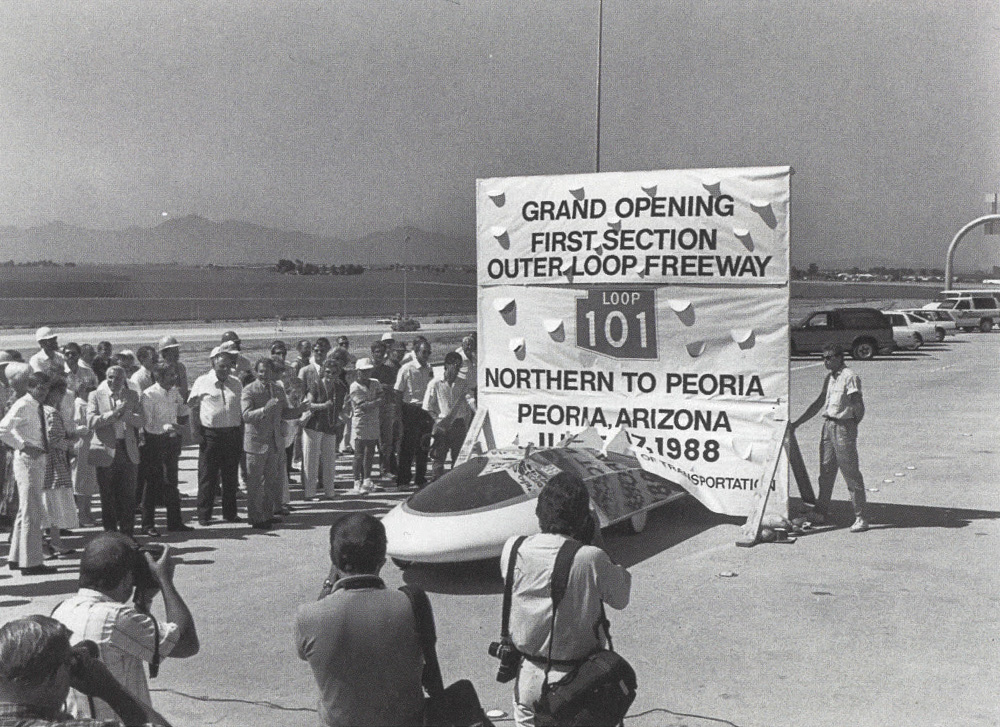 Solar-powered car christens the new State Route 101  (Loop 101) in 1988 during the grand opening of the first segment, in the West Valley from Northern to Peoria avenues.