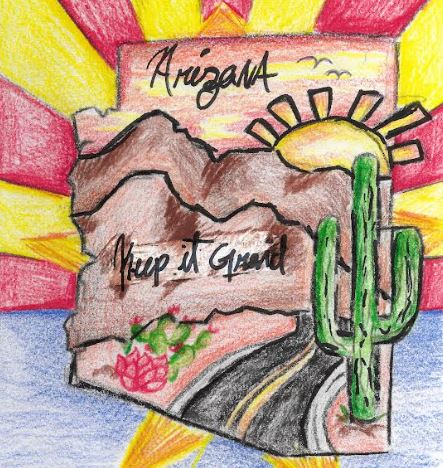 A drawing of the state of Arizona, including desert scenery, a cactus, the sun and the state flag.