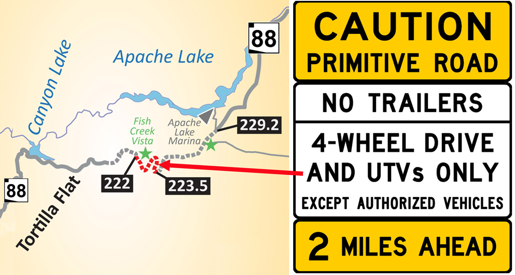 Map of SR 88 with four-wheel drive area marked