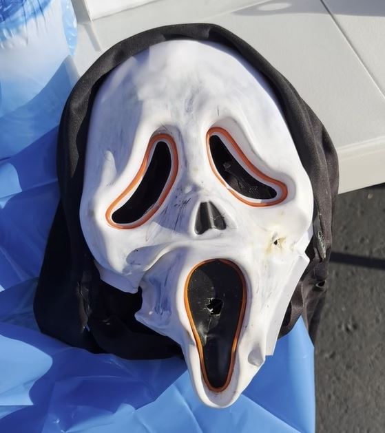 A white mask of a ghost typically associated with the "Scream" movie franchise.