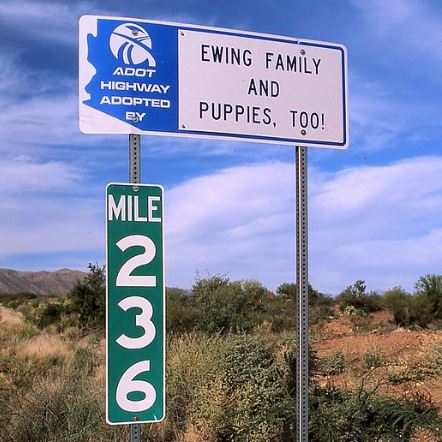 A highway sign recognizing a group that has adopted this stretch of highway to pick up litter.