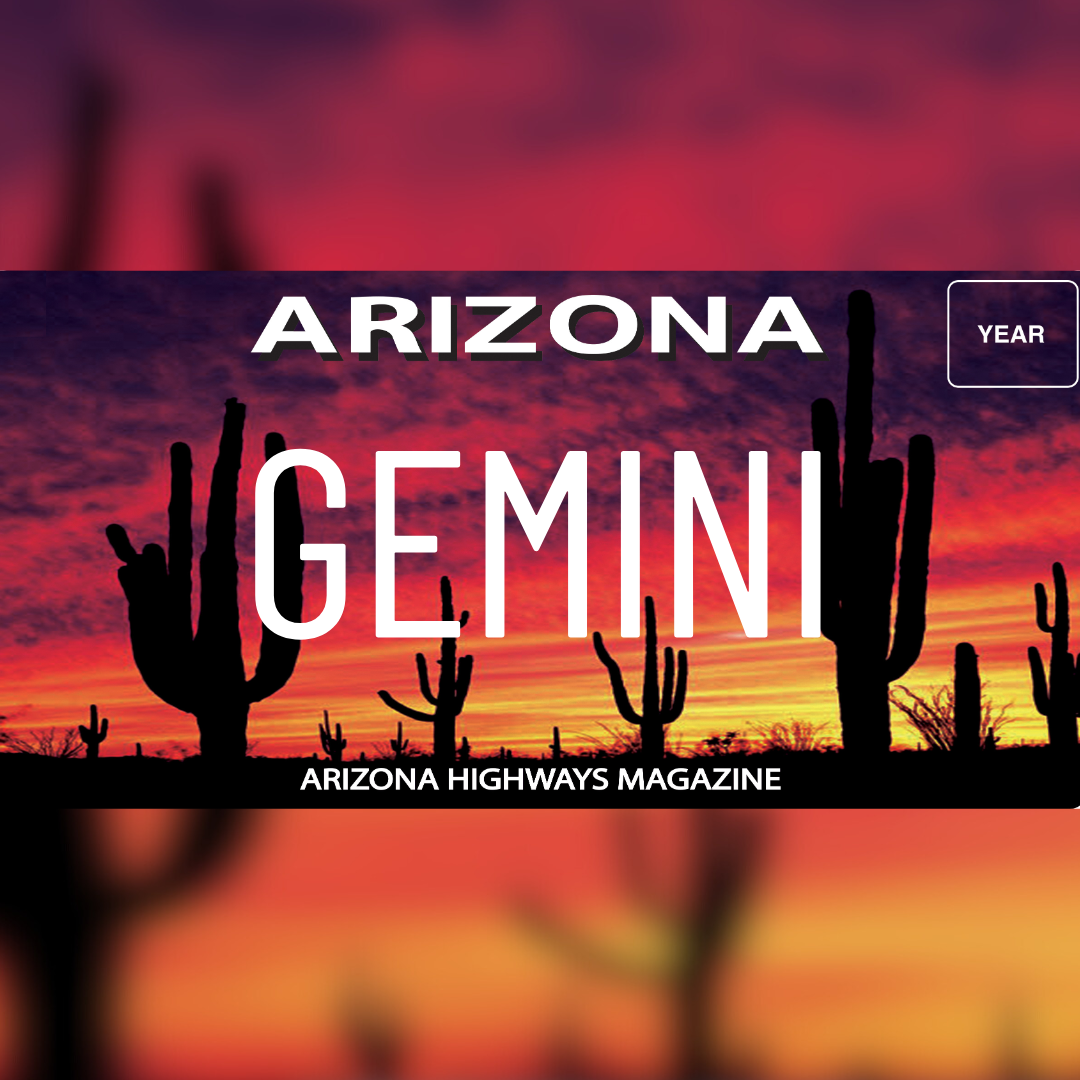 Graphic of the Arizona Highway Magazine specialty plate that says, "Gemini."