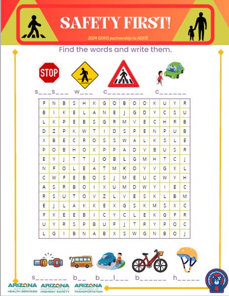 Pedestrian Motor Vehicle Injury Prevention Word Puzzle