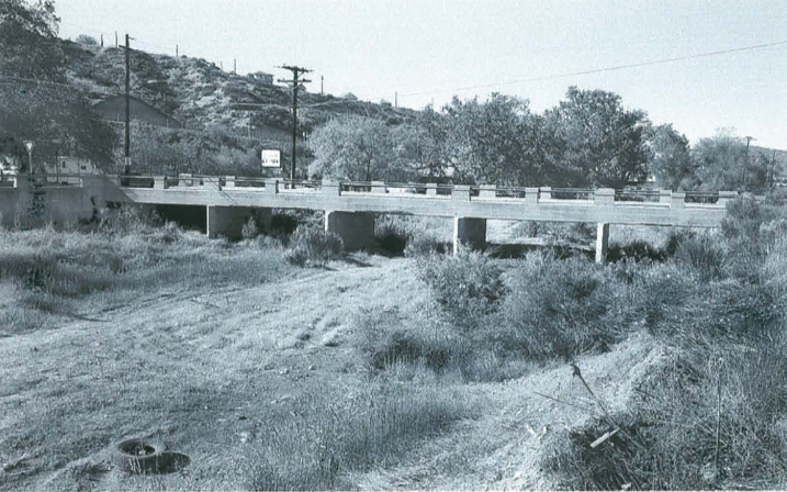 Black and white image of a concrete bridge supported by multiple pillars, crossing a dry, grassy area with scattered trees and power lines in the background.