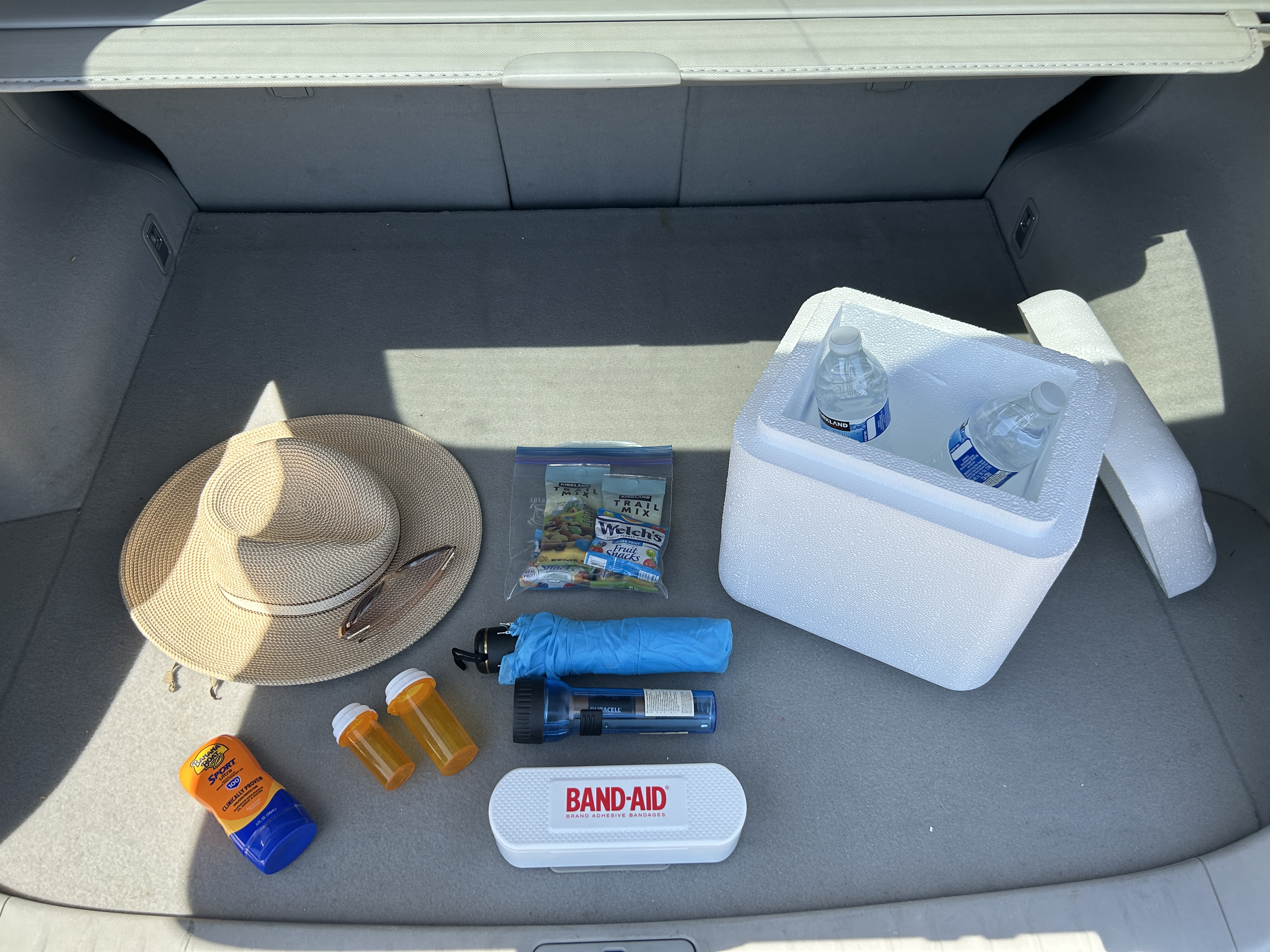 A first aid kit, water bottles, hat, prescriptions and sunscreen in a trunk of a car.